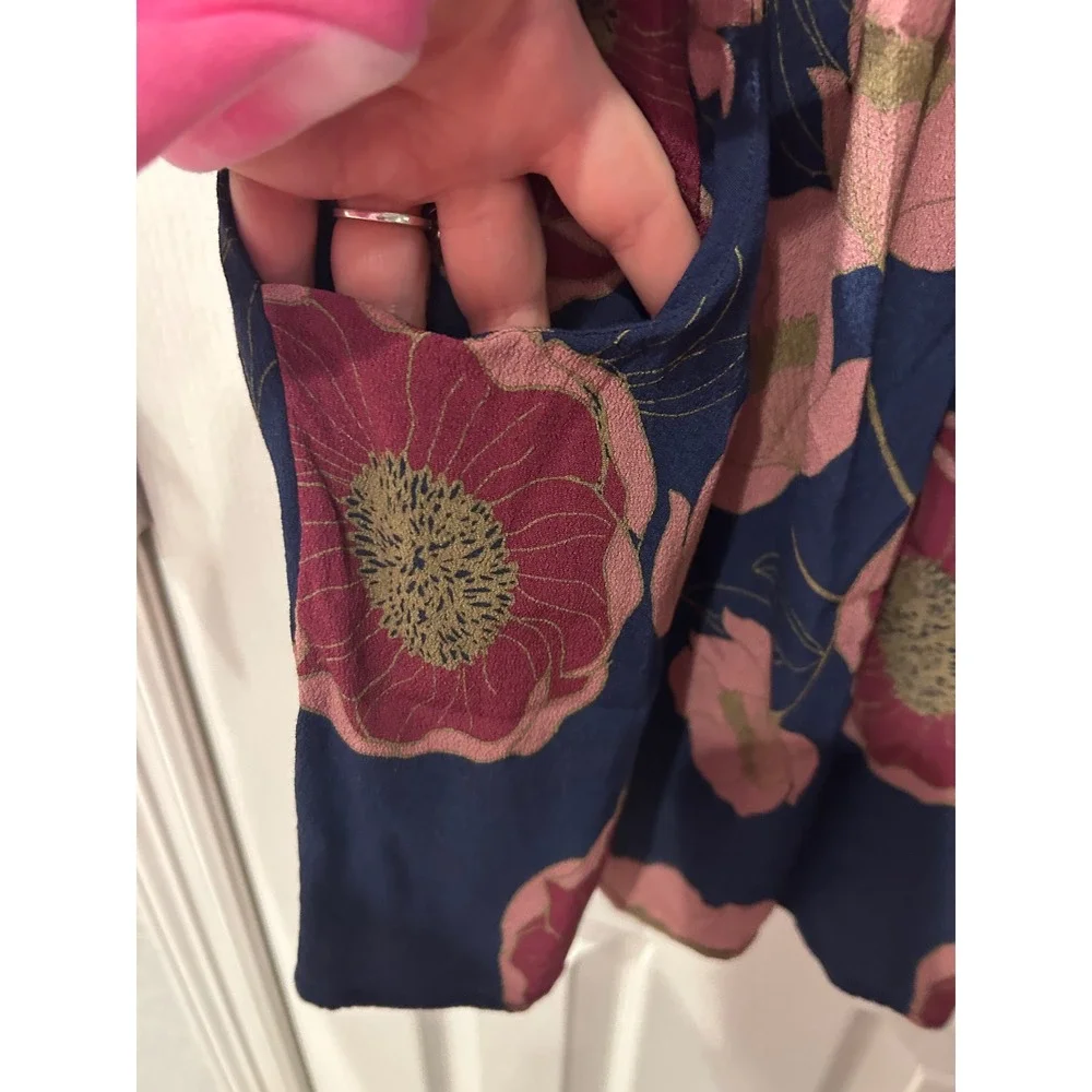 Cinnamon Girls Floral Sundress Navy‎ Pink Poppy Smocked Back Pockets 7/8 k2028